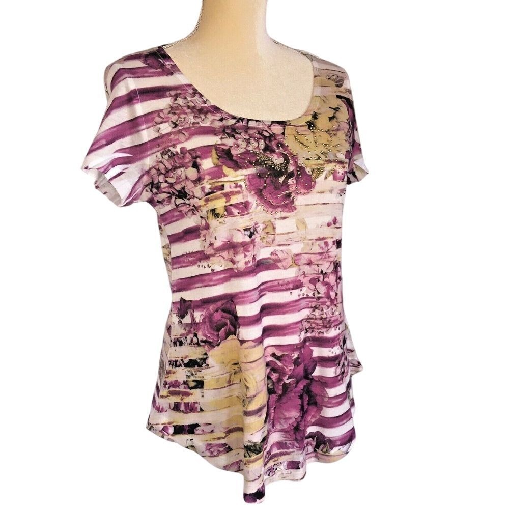 World Unity Women's Top Medium Purple Floral Striped Short Sleeve Casual Blouse